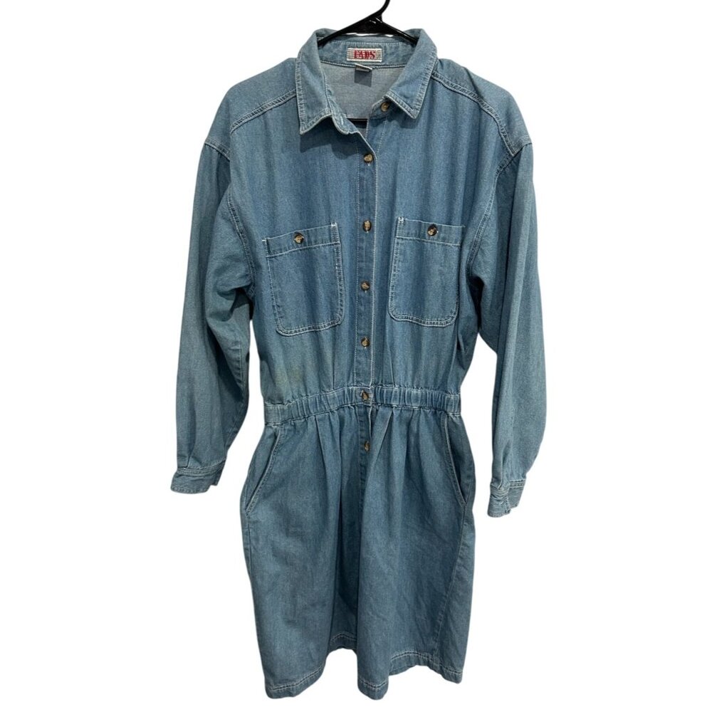Vintage 80s Fads Denim Button-Up Long Sleeve Dress Elastic Waist Pockets Size L